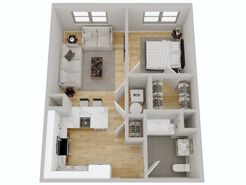 A top down view of a two-bedroom apartment with a living room, kitchen, and bathroom.